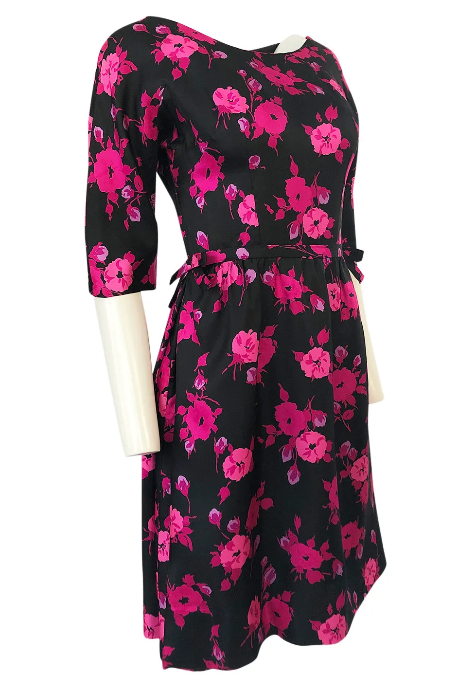 1950s Sylvan Rich for Martini Pink Floral Print on Black Silk Twill Dress