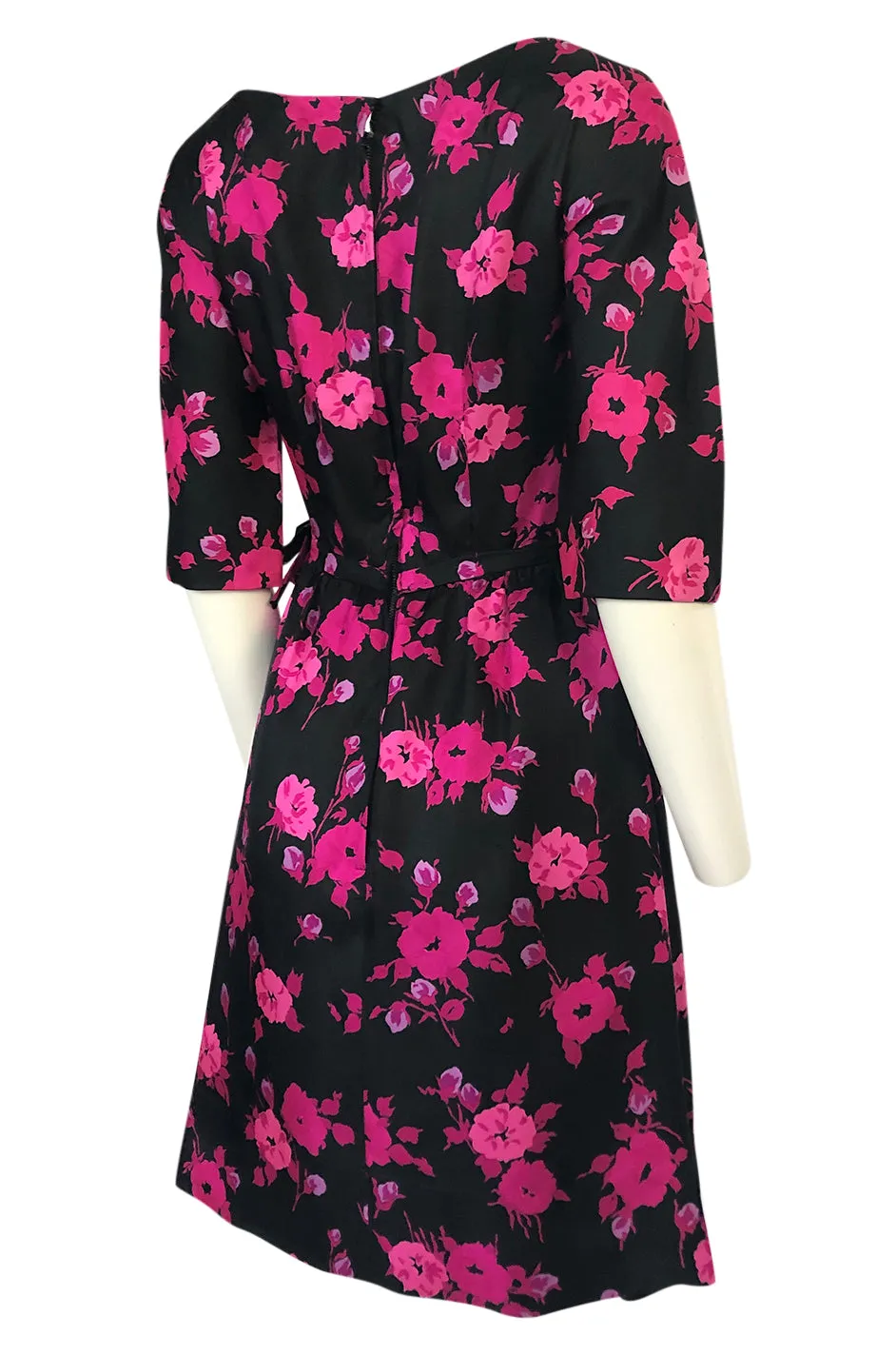 1950s Sylvan Rich for Martini Pink Floral Print on Black Silk Twill Dress