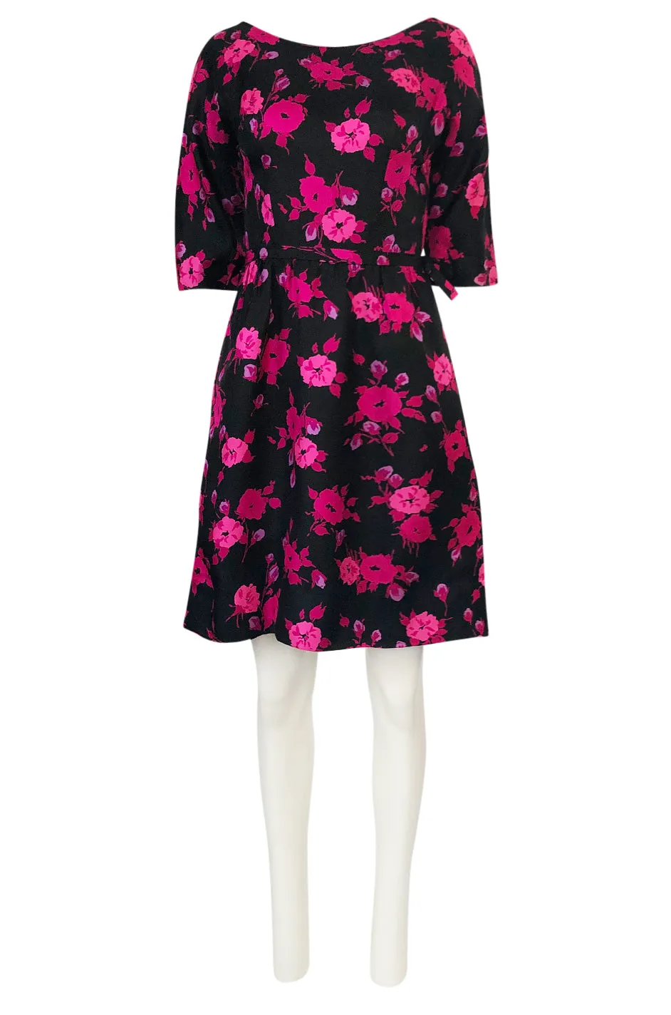 1950s Sylvan Rich for Martini Pink Floral Print on Black Silk Twill Dress