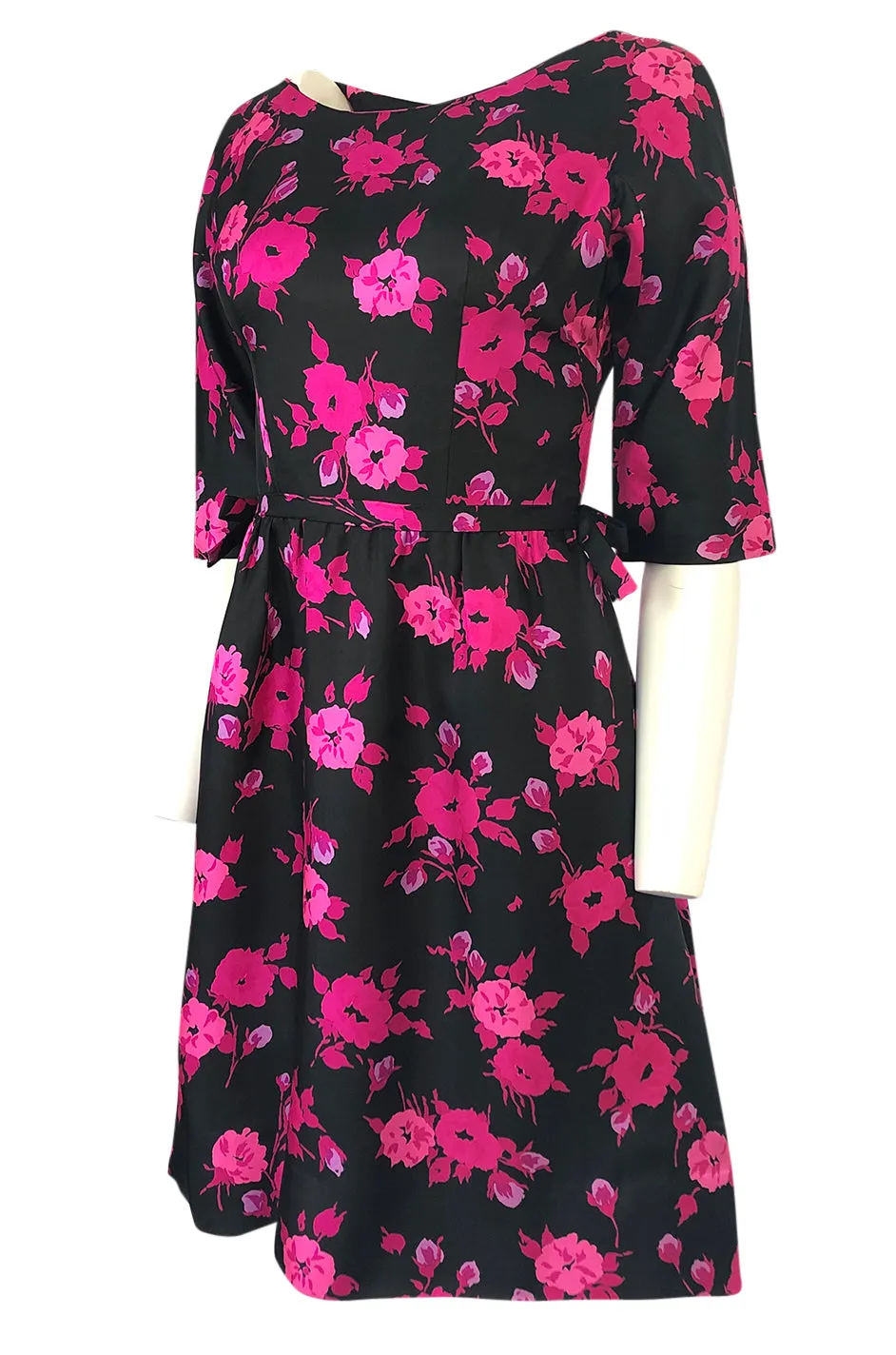 1950s Sylvan Rich for Martini Pink Floral Print on Black Silk Twill Dress