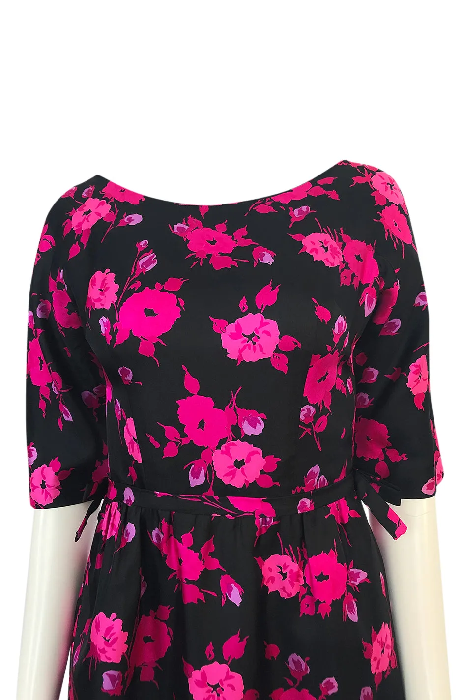 1950s Sylvan Rich for Martini Pink Floral Print on Black Silk Twill Dress