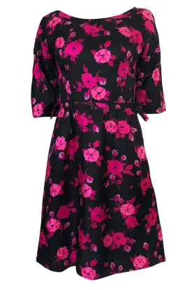 1950s Sylvan Rich for Martini Pink Floral Print on Black Silk Twill Dress