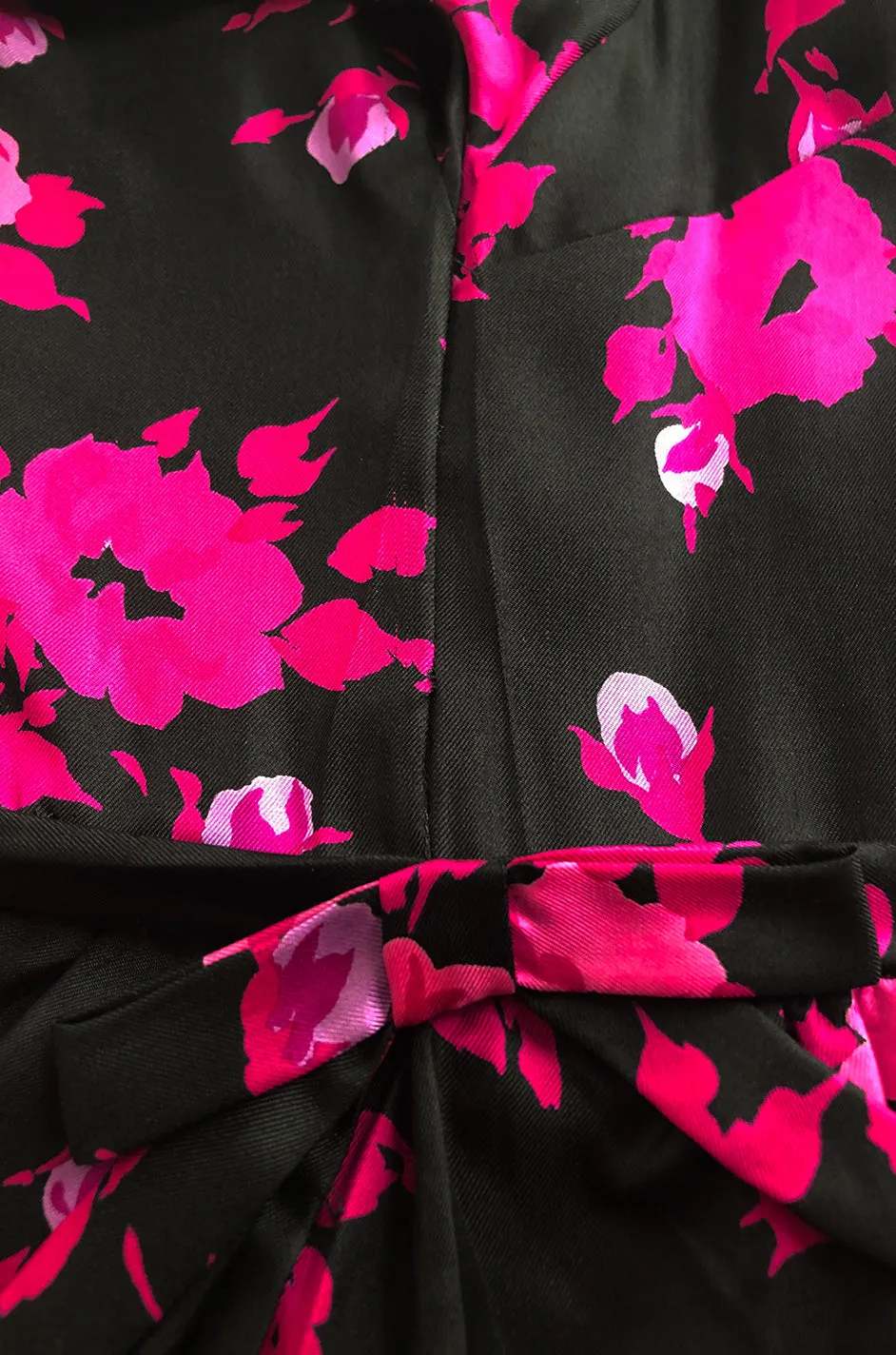 1950s Sylvan Rich for Martini Pink Floral Print on Black Silk Twill Dress