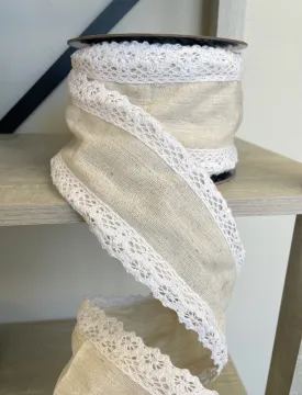 4" Linen and Lace Ribbon: Cream - 10yds