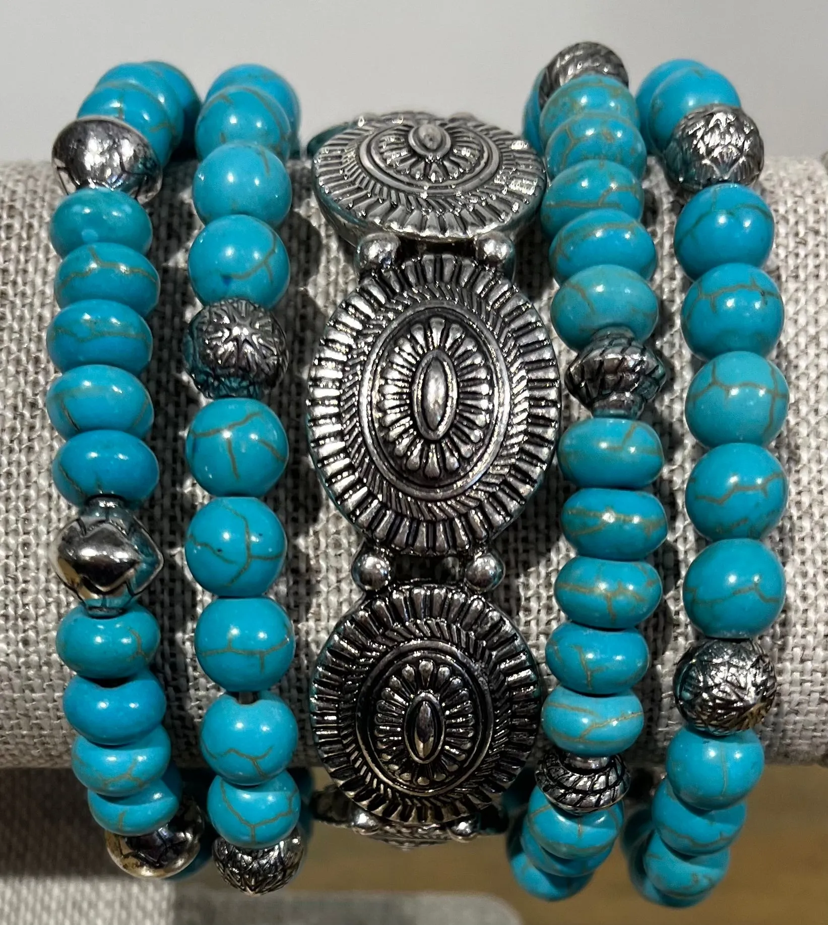 5 Strand Turquoise & Silver Conchos Stretch Bracelet