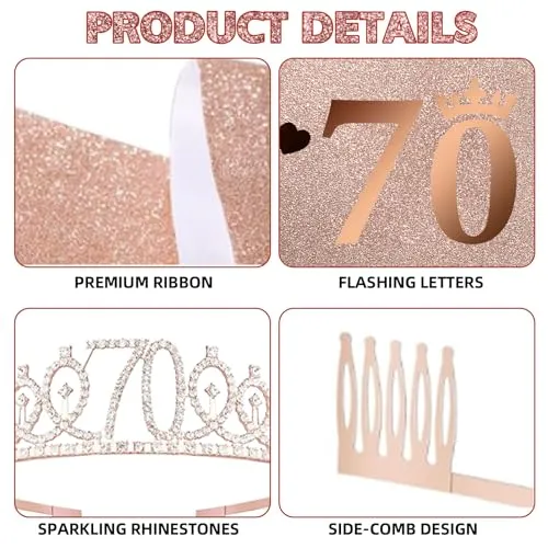 70th Birthday Decorations for Women Birthday Gifts Rose Gold 70th Birthday Sash, Tiara, Cake Topper, Number 70th Candles, Happy 70th Birthday Banner, 3D Butterfly 12pcs, Birthday Supplies