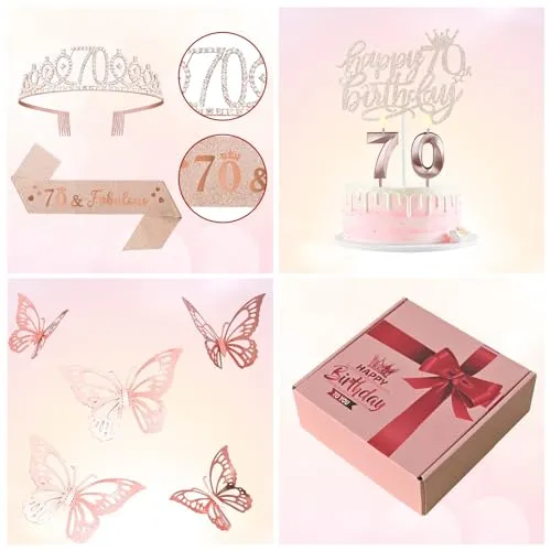 70th Birthday Decorations for Women Birthday Gifts Rose Gold 70th Birthday Sash, Tiara, Cake Topper, Number 70th Candles, Happy 70th Birthday Banner, 3D Butterfly 12pcs, Birthday Supplies