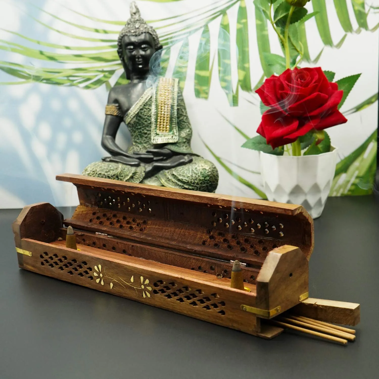 ADA Handicraft Sheesham Wooden Incense Stick Box Holder Dhoop Stand Ash Catcher Decorative Cones, With Storage Compartment- For Small Size Agarbatti(Rectangular)