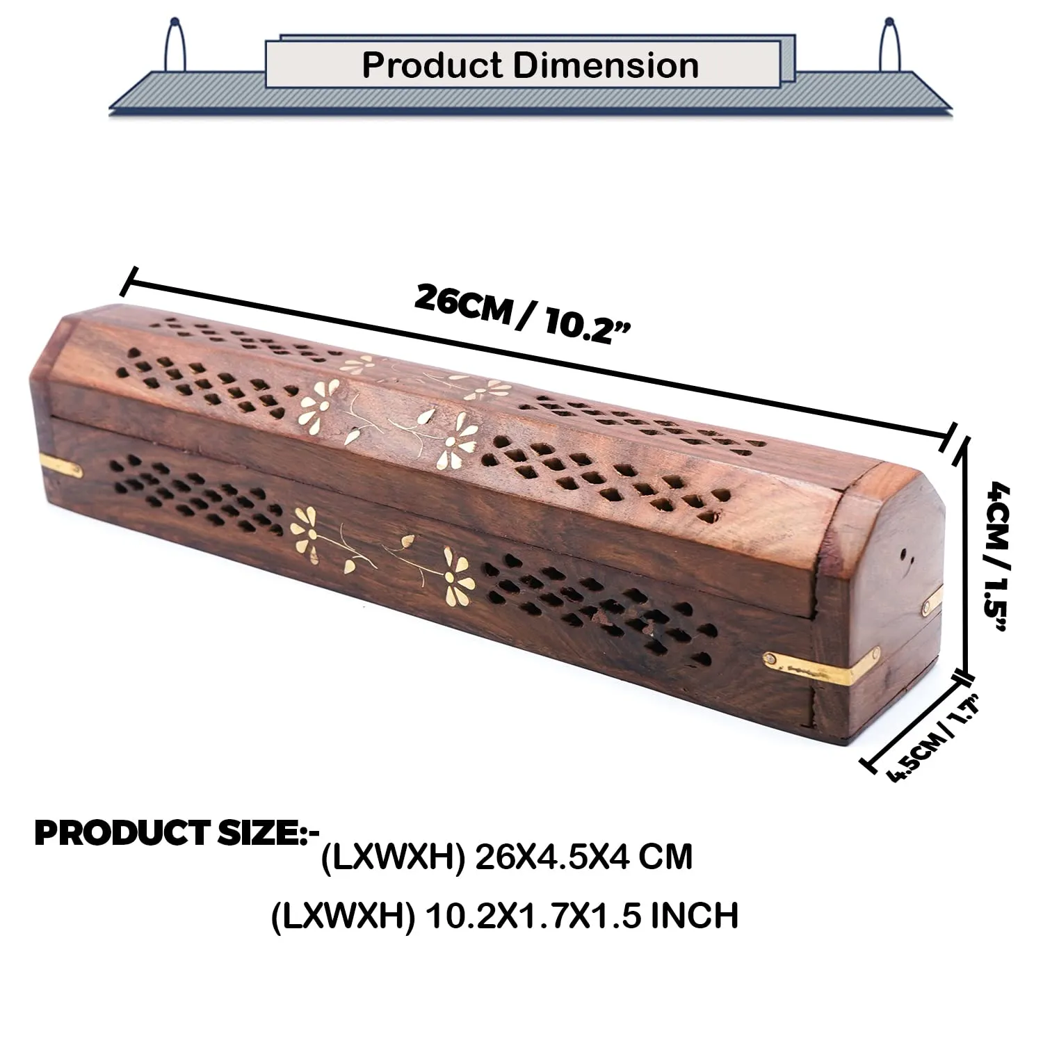 ADA Handicraft Sheesham Wooden Incense Stick Box Holder Dhoop Stand Ash Catcher Decorative Cones, With Storage Compartment- For Small Size Agarbatti(Rectangular)