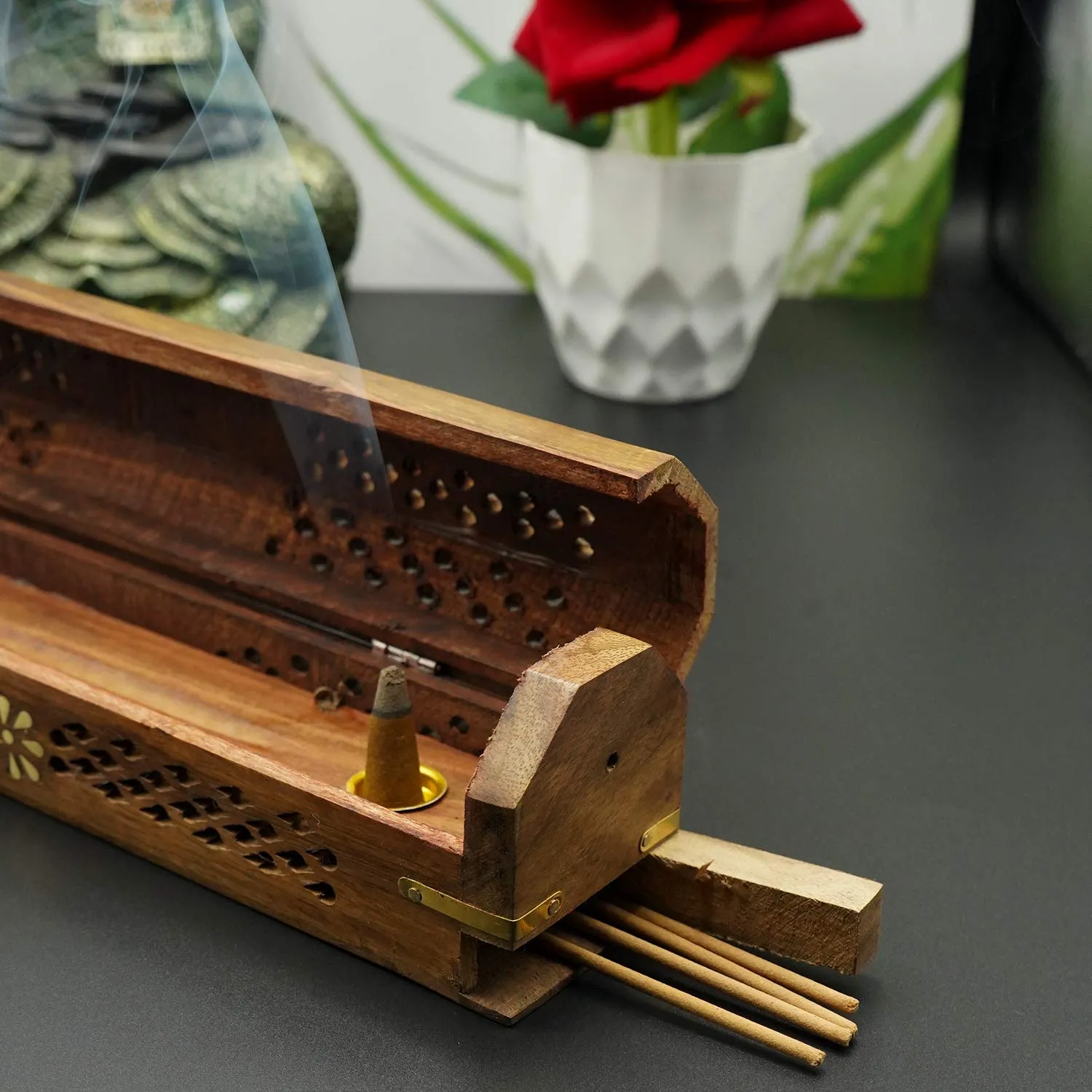 ADA Handicraft Sheesham Wooden Incense Stick Box Holder Dhoop Stand Ash Catcher Decorative Cones, With Storage Compartment- For Small Size Agarbatti(Rectangular)