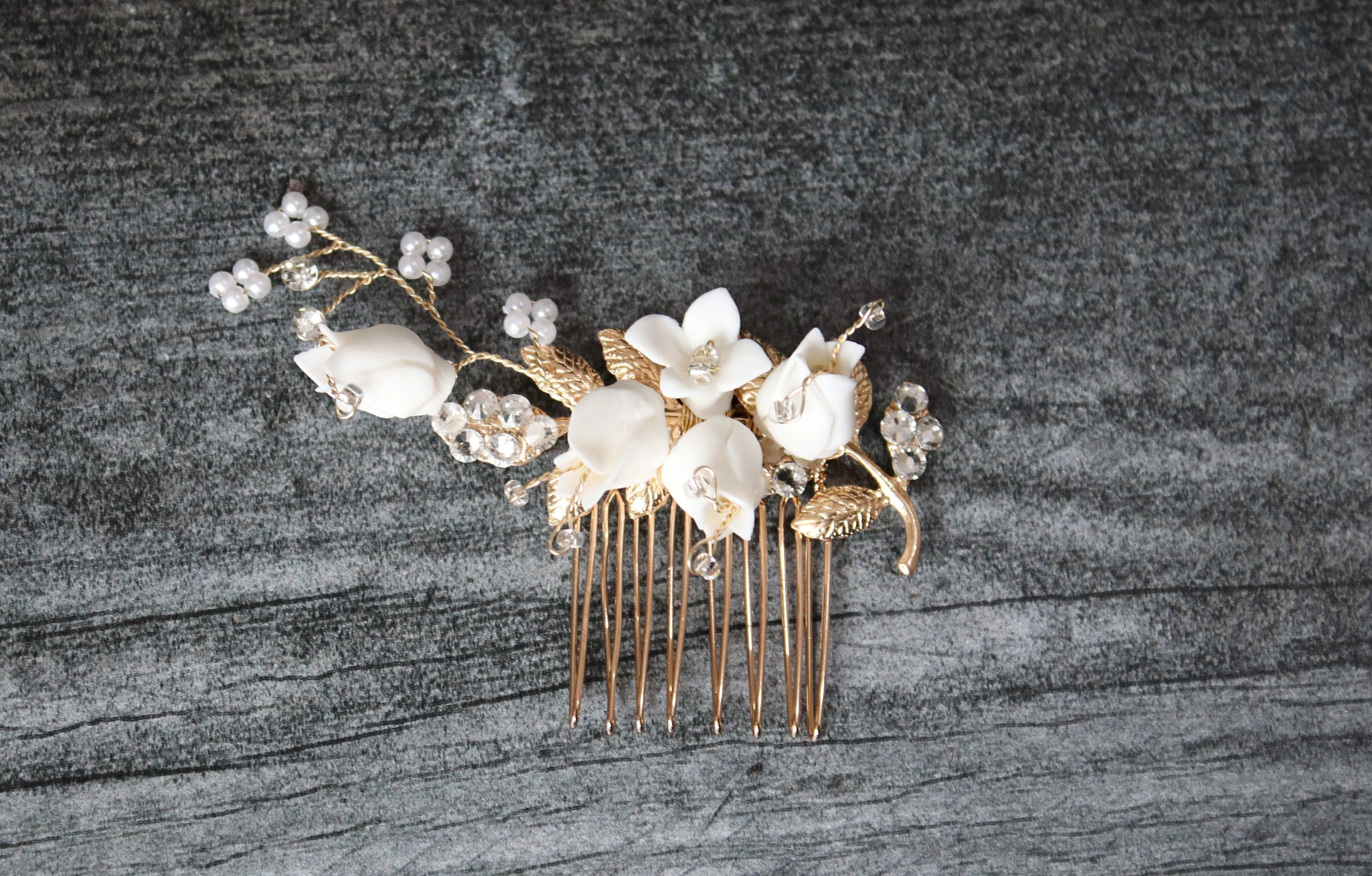 AUDREY Porcelain Floral and Crystal Comb