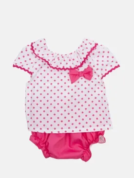 Baby Girl Polka Dot Collection Romper with bows and panties - Fuchsia Pink