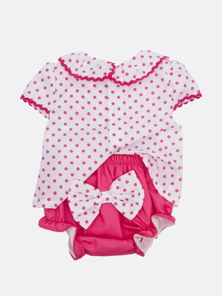 Baby Girl Polka Dot Collection Romper with bows and panties - Fuchsia Pink