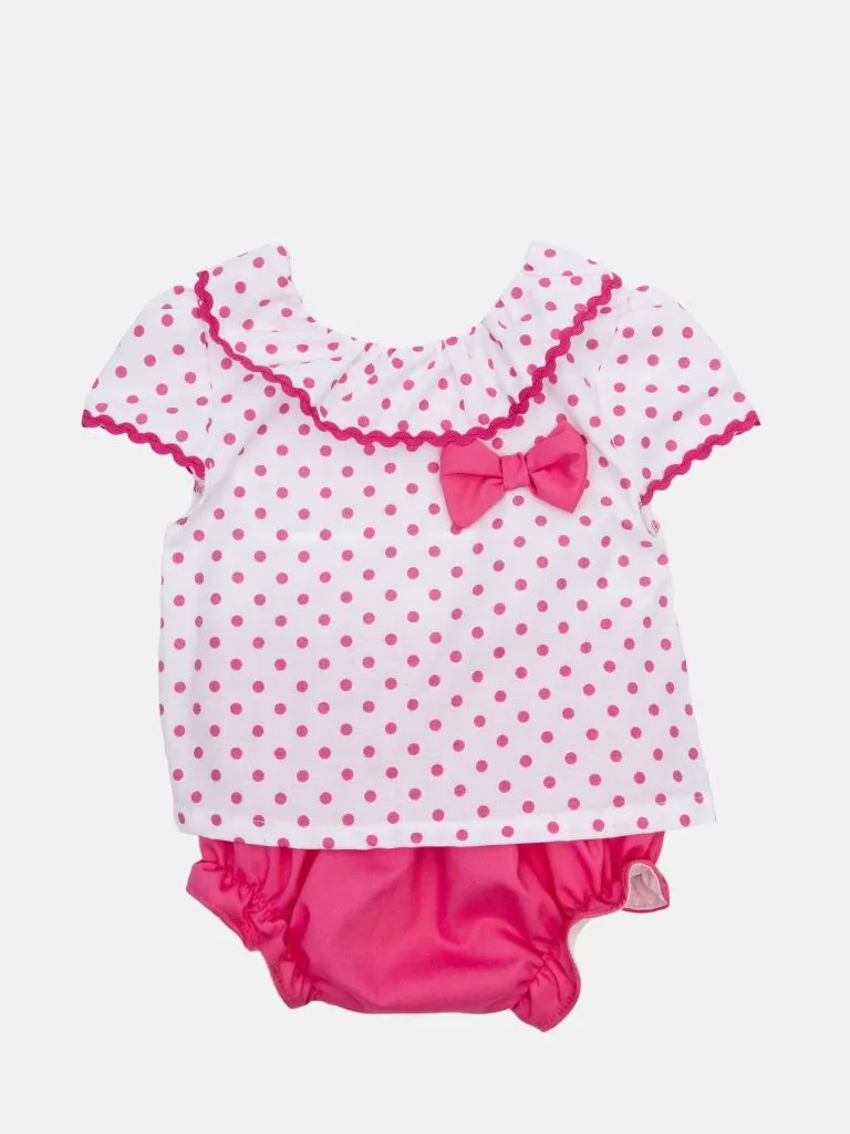 Baby Girl Polka Dot Collection Romper with bows and panties - Fuchsia Pink