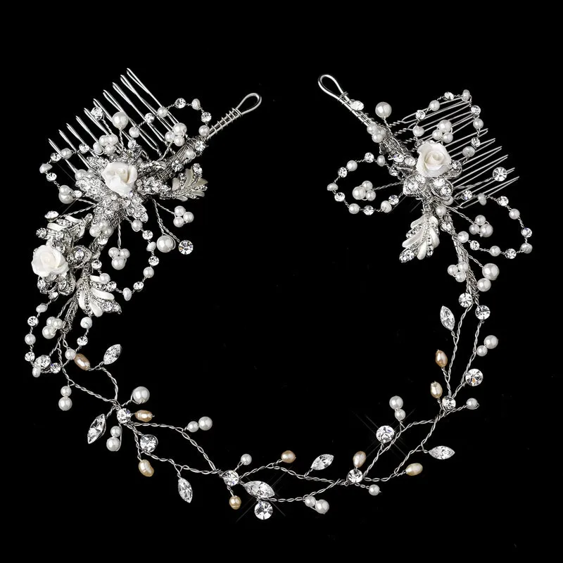 Beautiful Vintage Inspired Crystal Pearl Bridal Hair Vine with Side Accents