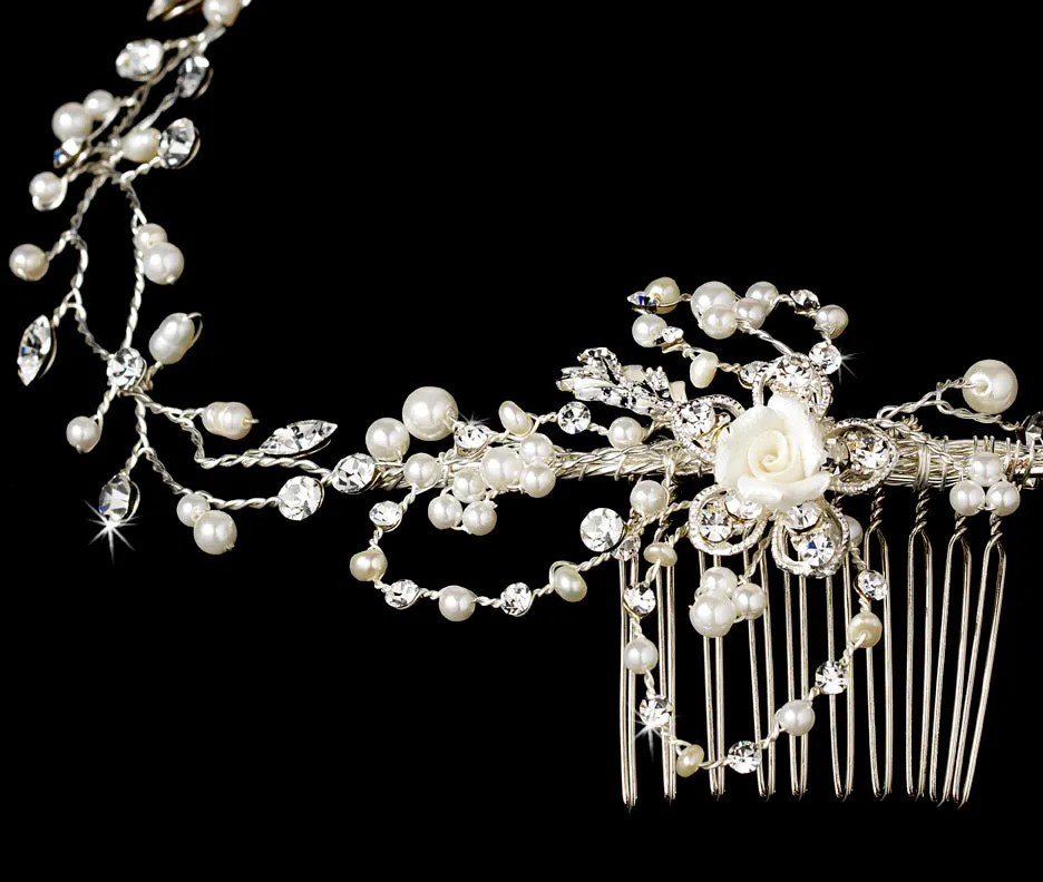 Beautiful Vintage Inspired Crystal Pearl Bridal Hair Vine with Side Accents