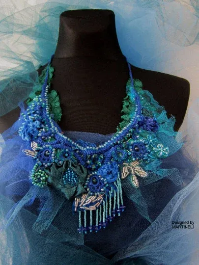 Blue Crystal Statement Necklace,Victorian Beaded Embroidered Necklace