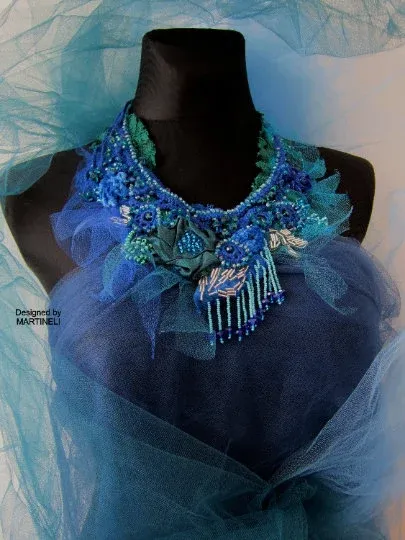 Blue Crystal Statement Necklace,Victorian Beaded Embroidered Necklace