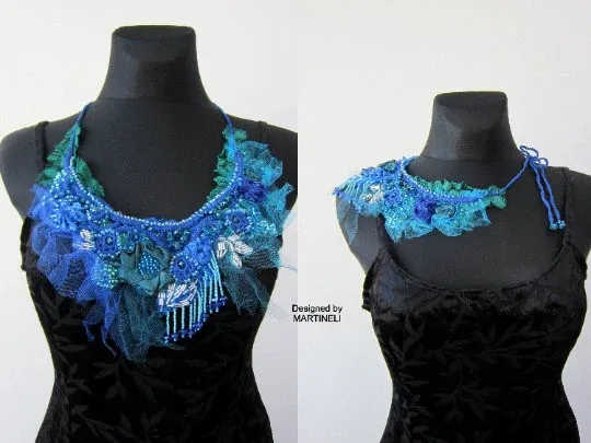 Blue Crystal Statement Necklace,Victorian Beaded Embroidered Necklace