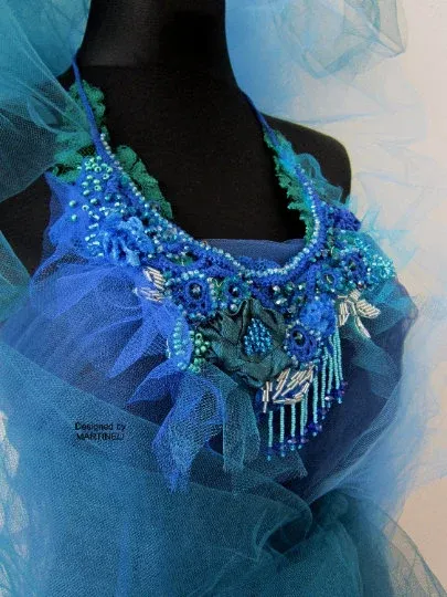 Blue Crystal Statement Necklace,Victorian Beaded Embroidered Necklace