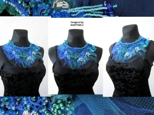 Blue Crystal Statement Necklace,Victorian Beaded Embroidered Necklace