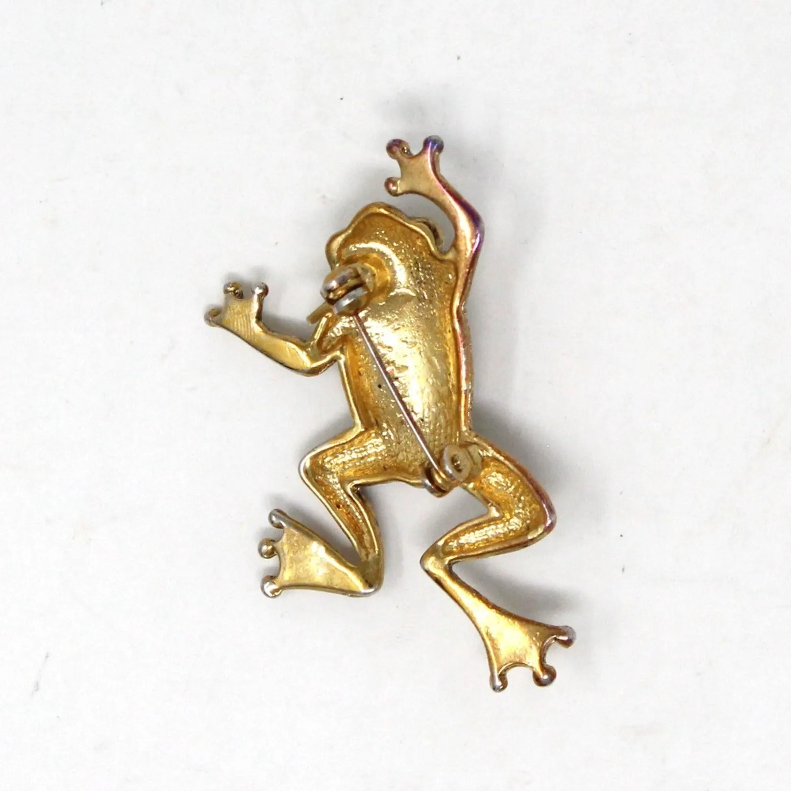 Brooch / Pin, Figural Frog, Gold & Silver Tone & Rhinestone Eyes, Intricate Pattern