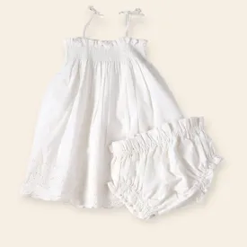 Camille Schiffli Smocked Baby Dress   Bloomer - Off White