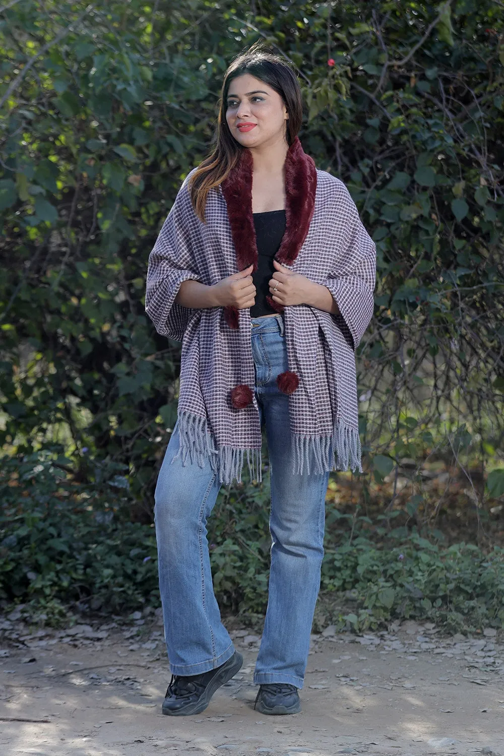 Charming Maroon & Grey Colour Woollen Cashmere Faux Fur Cape Stole.