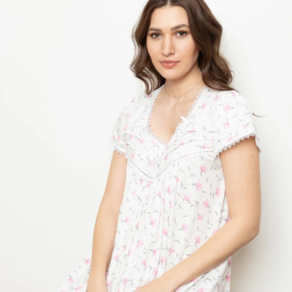 Cottonreal 'Felicia' Cotton Short Sleeve Nightdress in Floral (white)