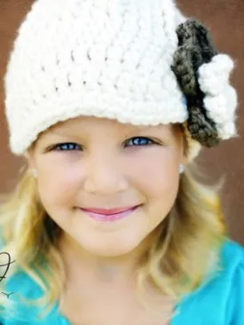 Cream & taupe flower beanie winter hat