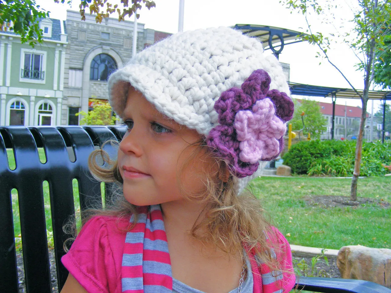 Cream, purple plum, & bubblegum pink flower beanie winter hat