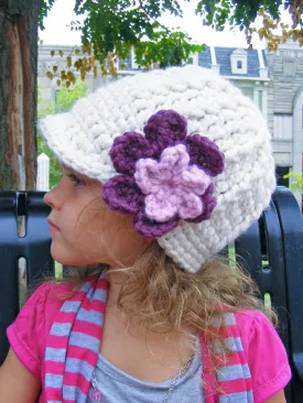 Cream, purple plum, & bubblegum pink flower beanie winter hat