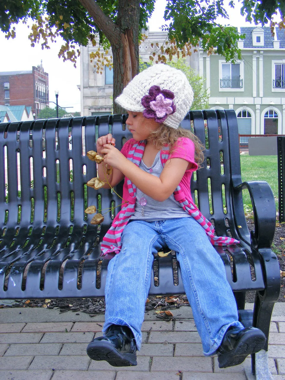 Cream, purple plum, & bubblegum pink flower beanie winter hat