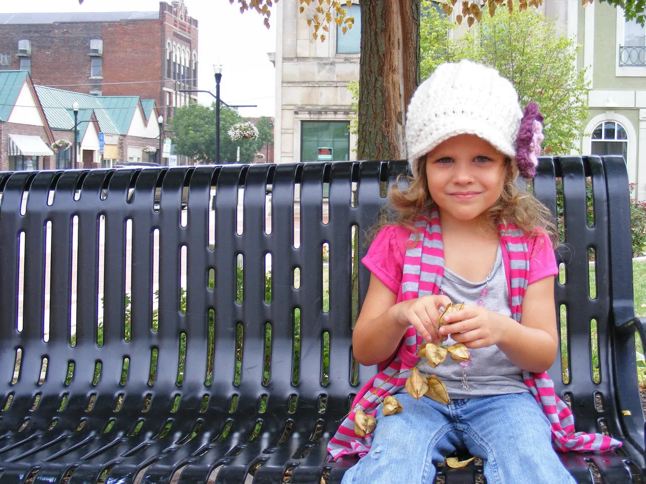 Cream, purple plum, & bubblegum pink flower beanie winter hat