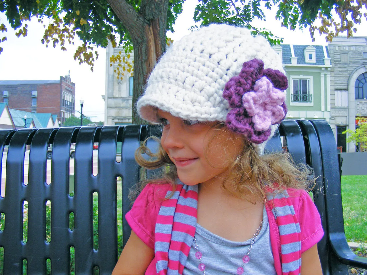 Cream, purple plum, & bubblegum pink flower beanie winter hat