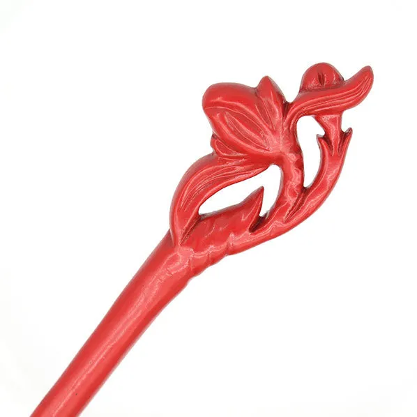 Crystalmood Handmade Carved Boxwood Hair Stick Peach Flower Lacquered Red