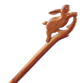 Crystalmood Handmade Carved Wood Hair Stick Hopping Rabbit