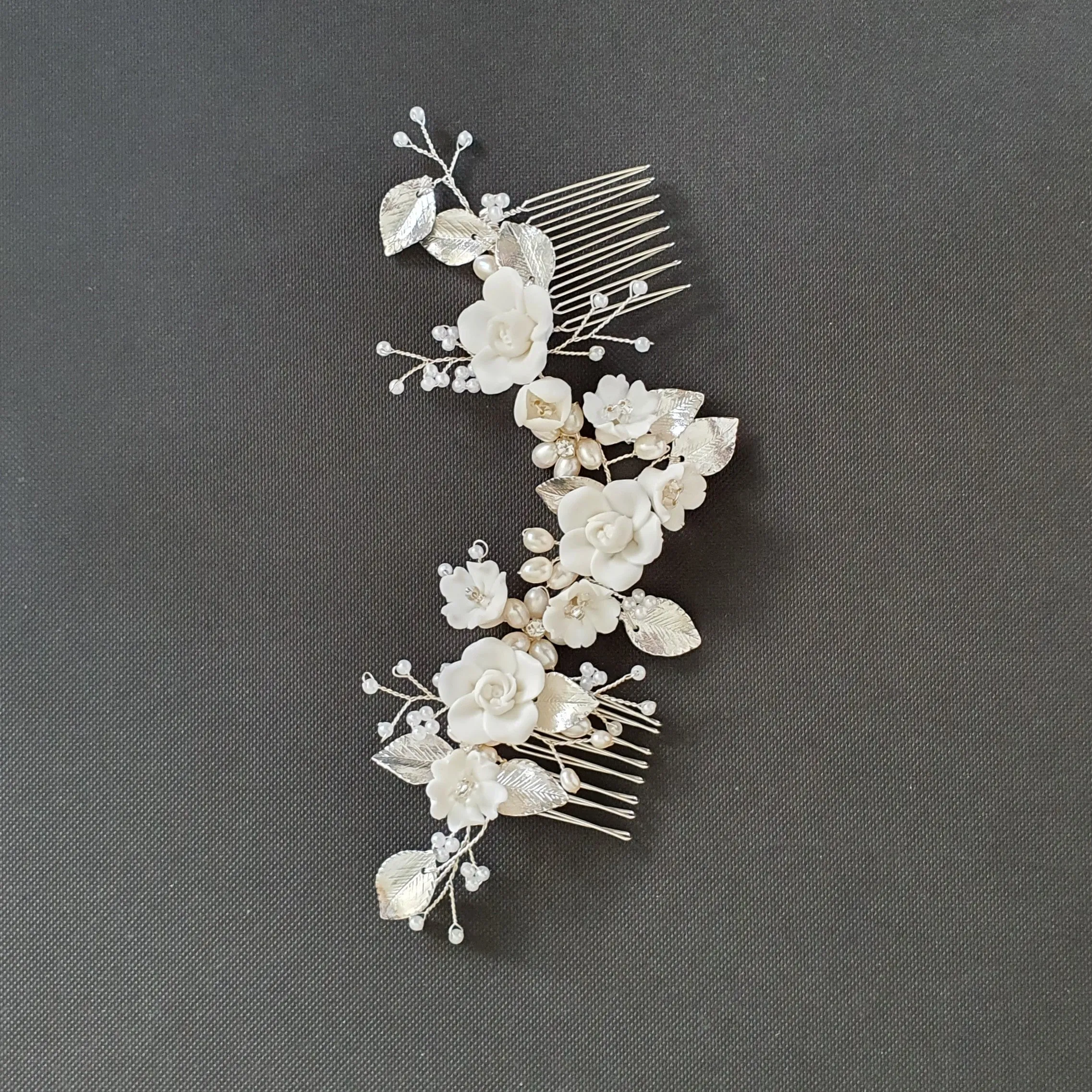 Double Comb Bridal Hairpiece with White Flowers-Blossom