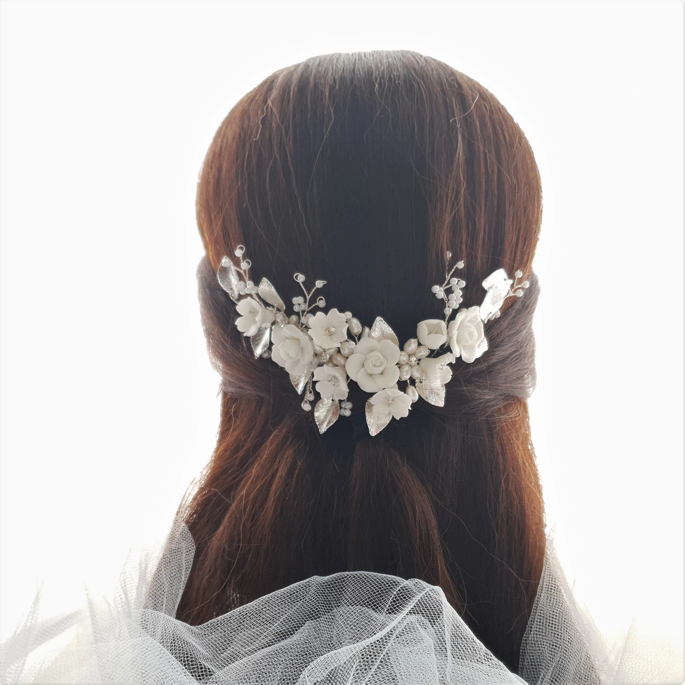 Double Comb Bridal Hairpiece with White Flowers-Blossom