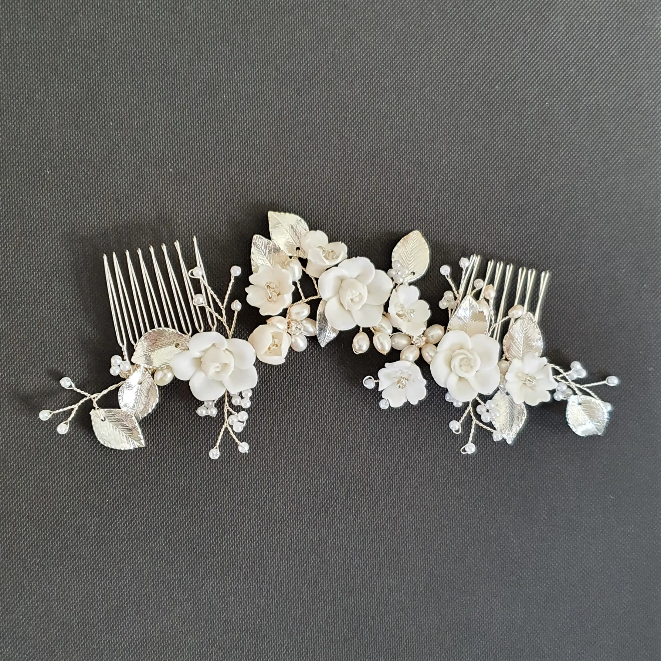 Double Comb Bridal Hairpiece with White Flowers-Blossom