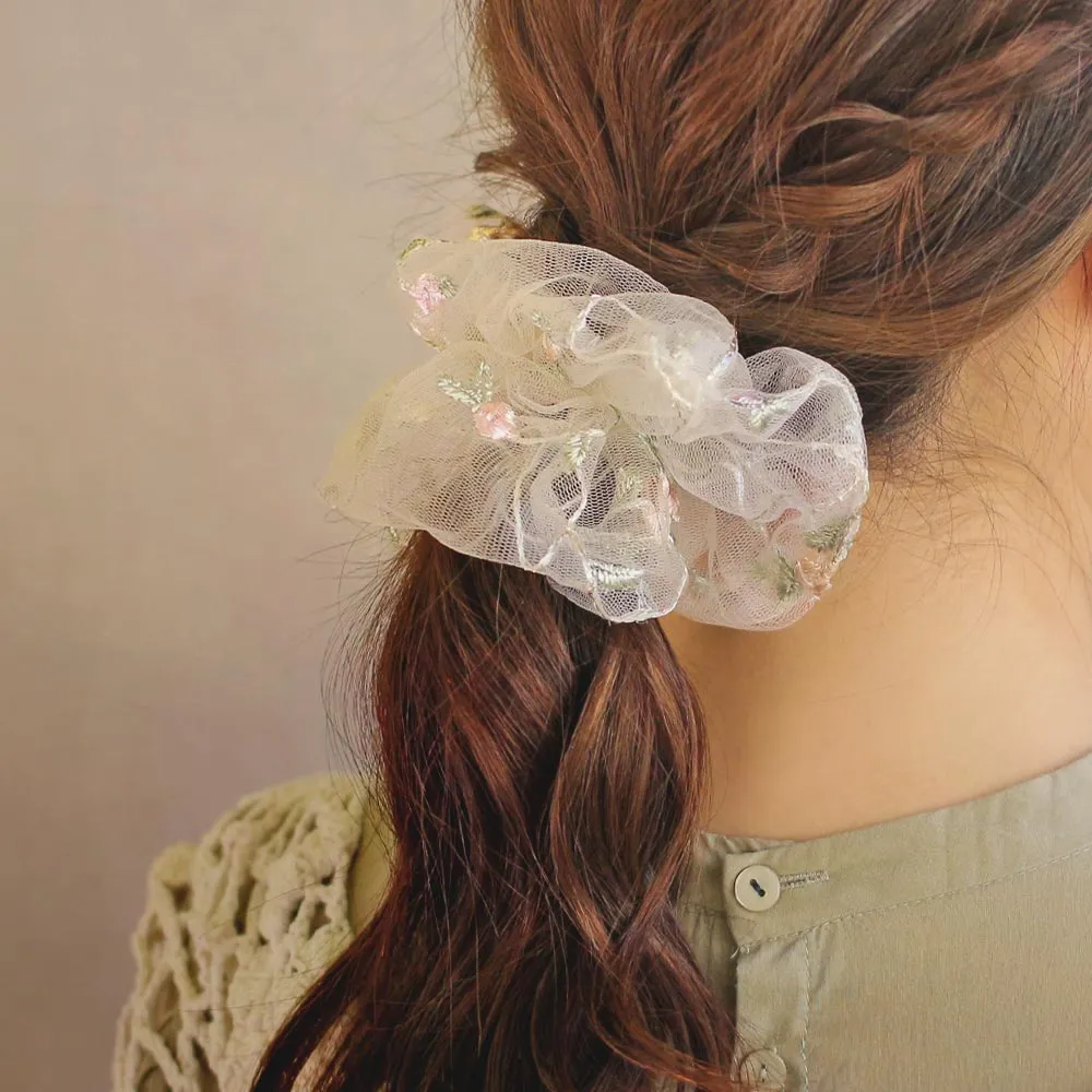 Embroidered Flower  Lace Scrunchie