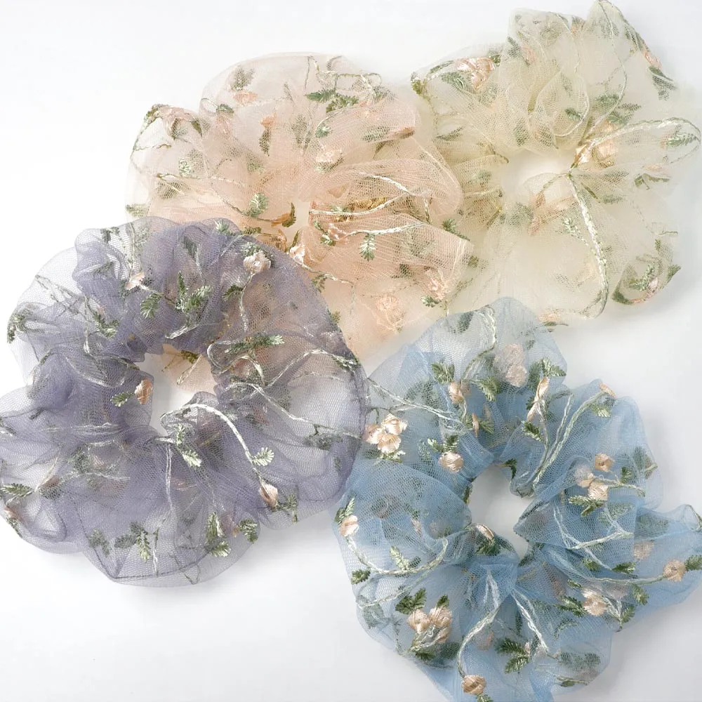 Embroidered Flower  Lace Scrunchie