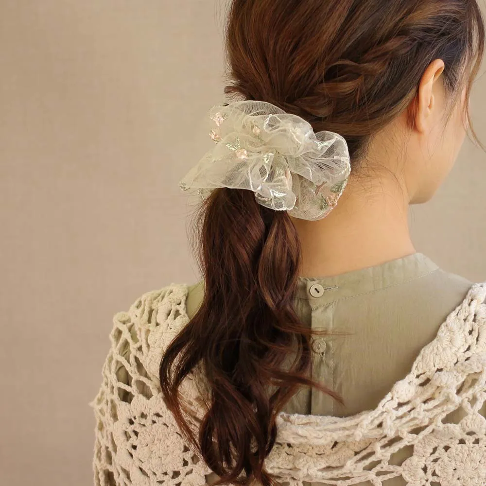 Embroidered Flower  Lace Scrunchie