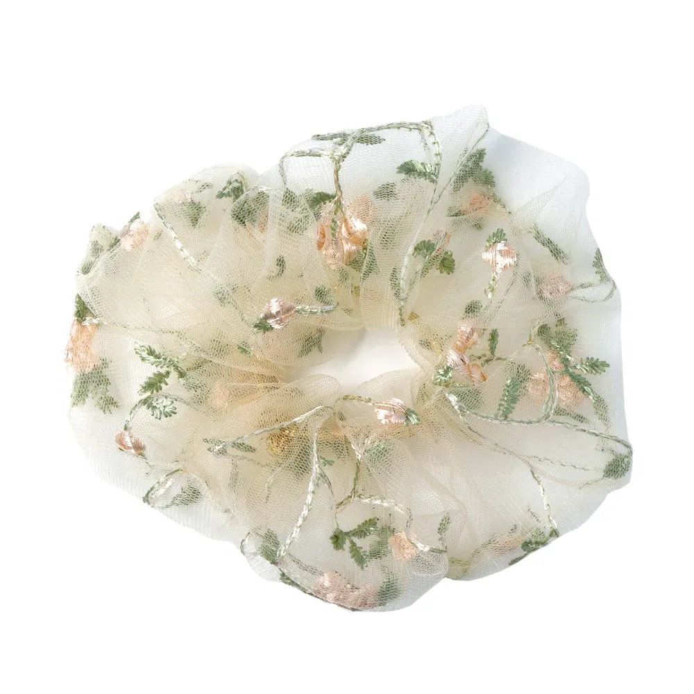 Embroidered Flower  Lace Scrunchie