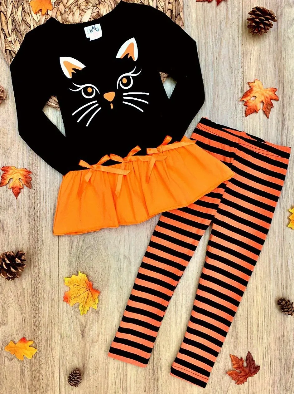 Girls Halloween Themed Long Sleeve Kitty Tunic with Ruffled Hem And Bows And Striped Legging Set