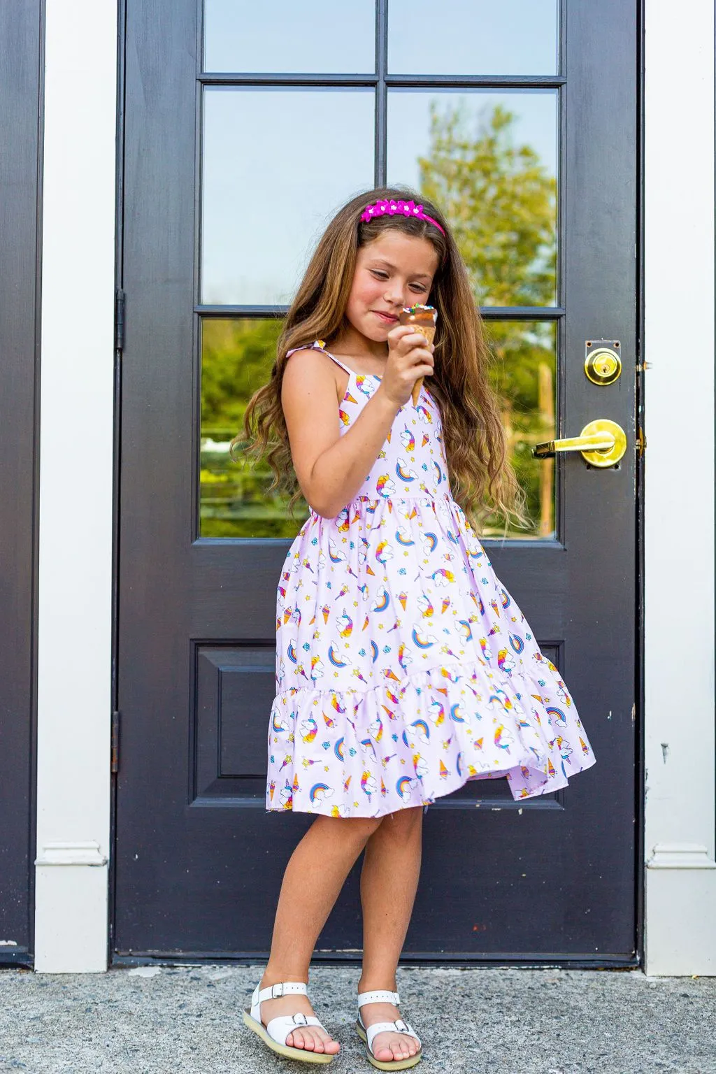 Girls Pink Unicorn Print Shoulder Tie Cotton Dress, Sizes 2-21