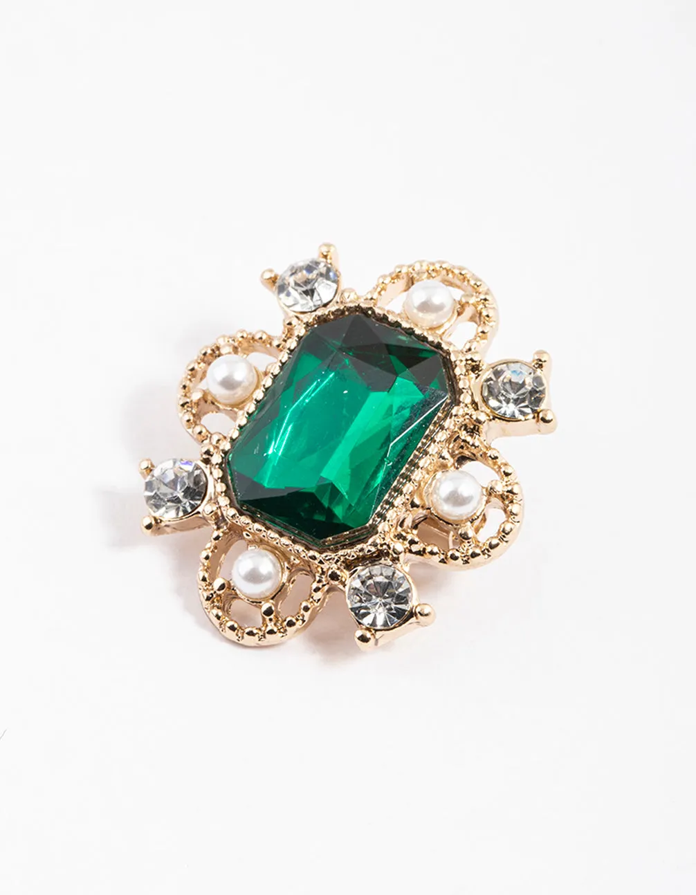 Gold Emerald & Pearl Ornate Brooch