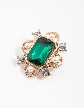 Gold Emerald & Pearl Ornate Brooch