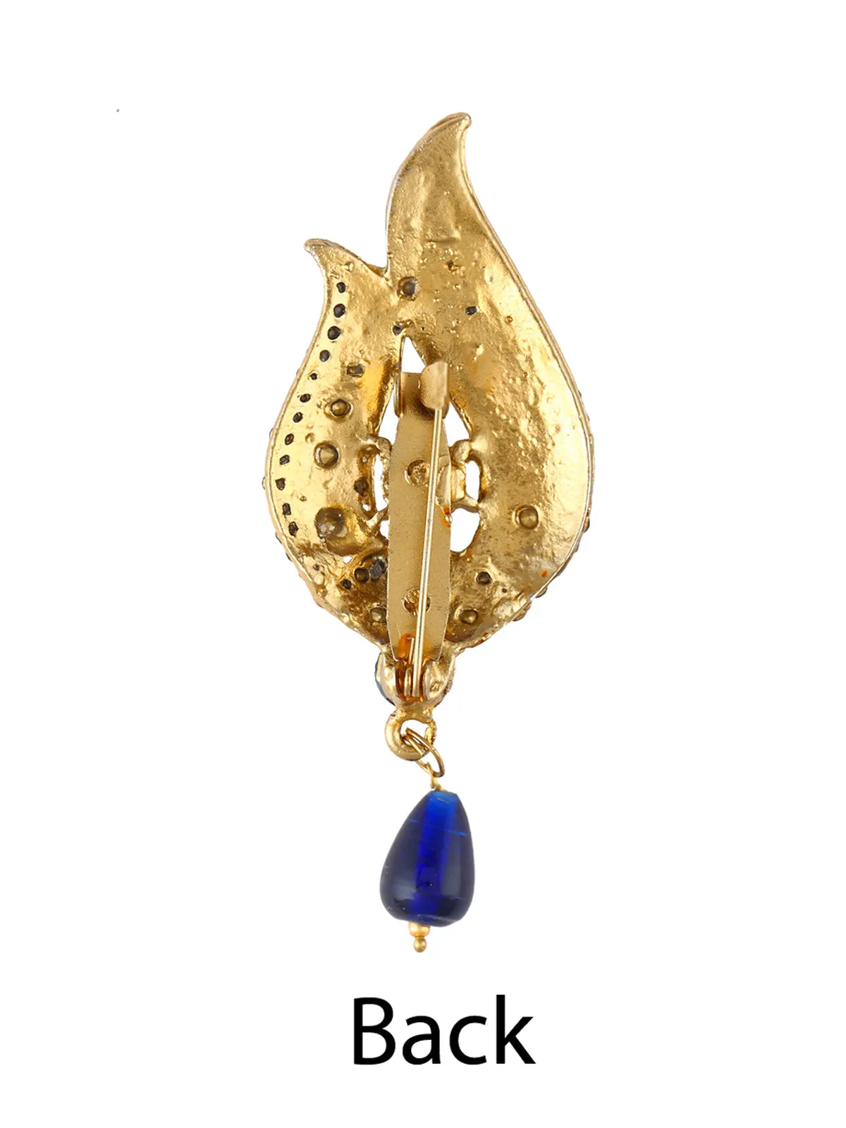 Golden Leaf Design Ethnic Diamond Brooch with Pearl Hanging