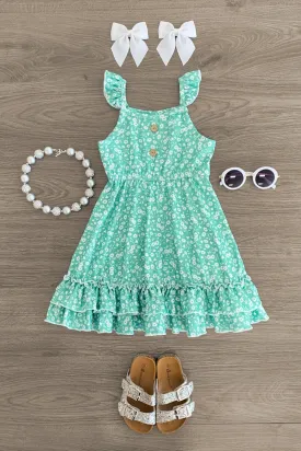 Green Floral Ruffle Tank Dress